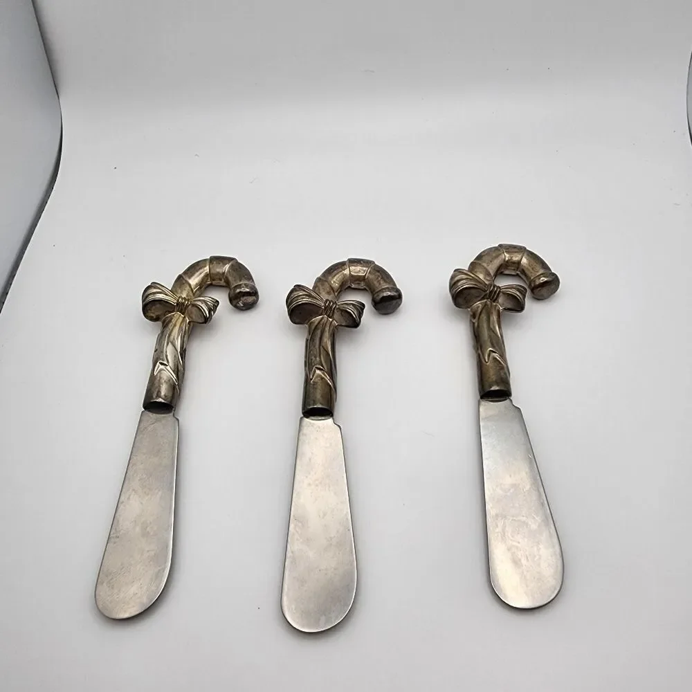Stainless Steel & Silver Plated Set of 3 Candy Cane Condiment Spreaders